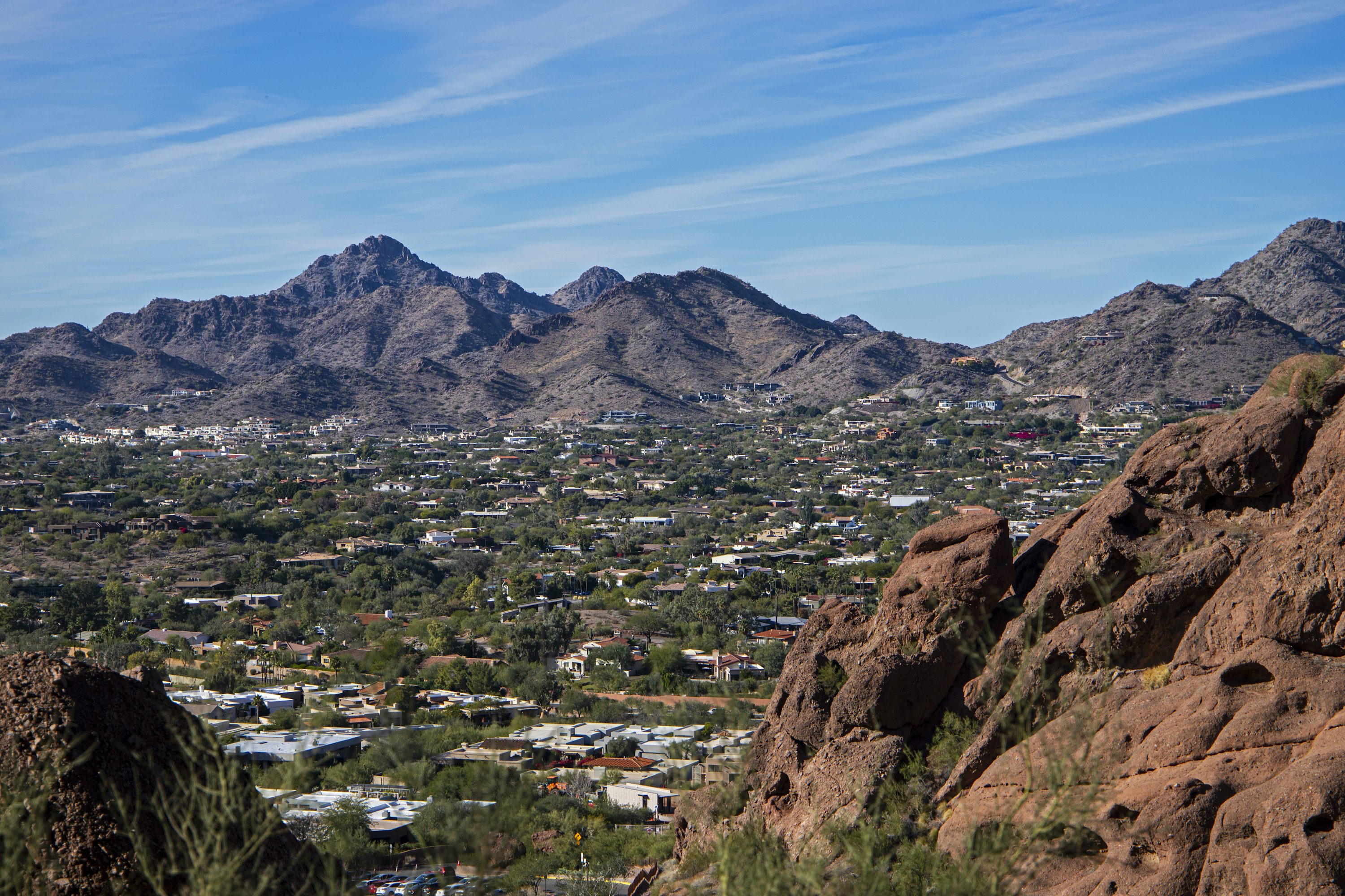 View overlooking estate homes in Paradise Valley and the Phoenix Mountains.